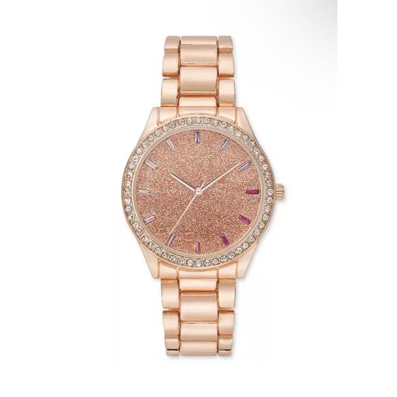 Gold Tone Glitter Dial Bracelet Watch Baguette Crystal Indicies Gift For Her NEW main image 16